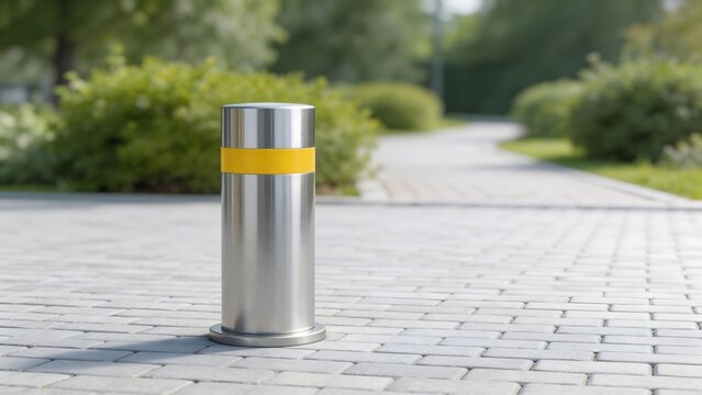 Metal bollard with yellow stripe on paved path