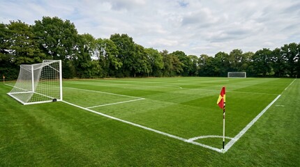 Fototapeta premium Green football pitch at professional soccer stadium showing white goal posts and corner flag with lush trees bordering horizon on bright cloudy day at outdoor park field in rural area.