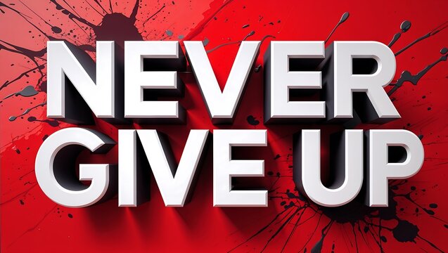 Never give up typographic poster on red paint splatter background