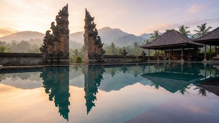 Obraz premium Traditional Balinese temple gate reflected on still water with soft sunrise glow and tropical mountain scenery, creating a luxurious and peaceful travel destination image.