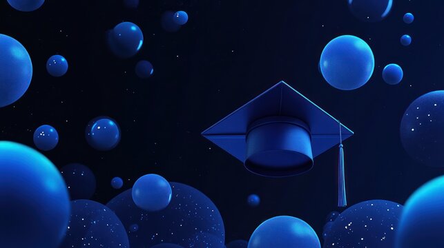 Graduation cap in dark space with floating spheres.  Possible stock photo use Education background
