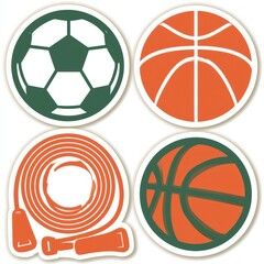 Obraz premium Sticker set shows sports equipment designs featuring a soccer ball, basketball, and jump rope in orange and green colors for active play.