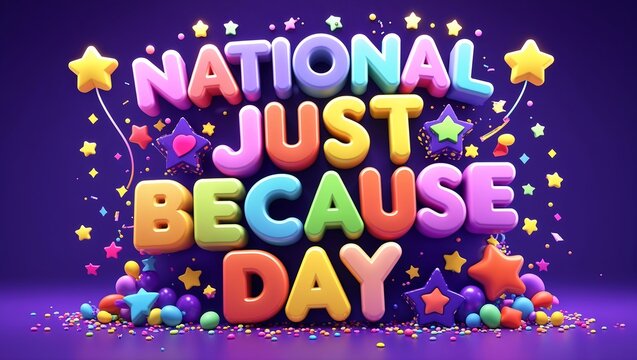 National just because day colorful 3d text with confetti and stars on purple background