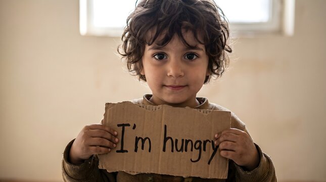 An innocent child, with a direct gaze, holds a handmade sign reading 'I'm hungry', symbolizing the profound global issue of childhood hunger and poverty