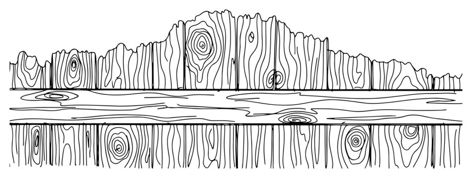 Wood grain texture background with organic timber knots and fence pattern in linear sketch style