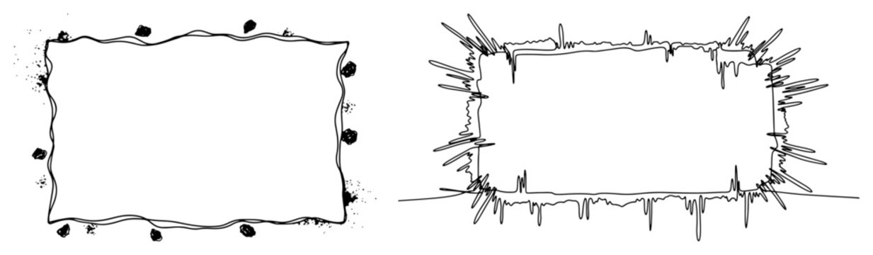 Rectangular border set with rock debris and sharp prickly edges in hand drawn doodle style