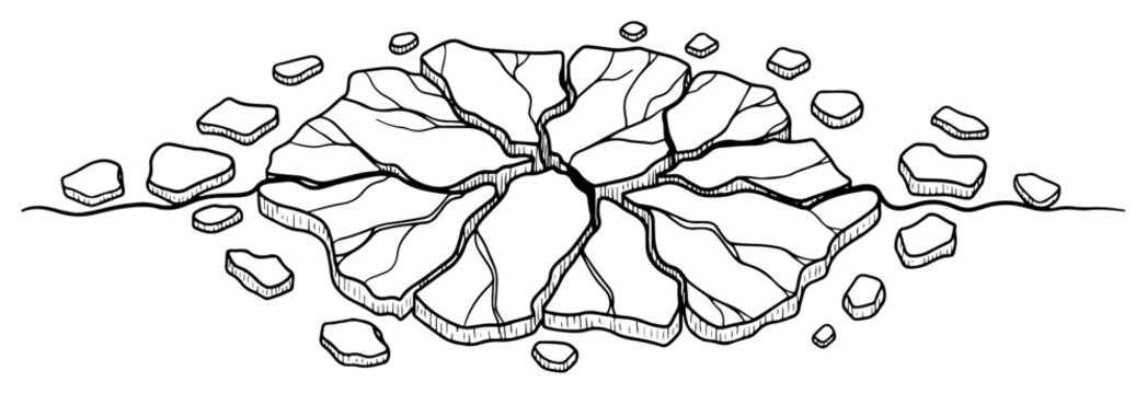 Cracked earth surface with shattered rock fragments and broken ground in doodle line art style