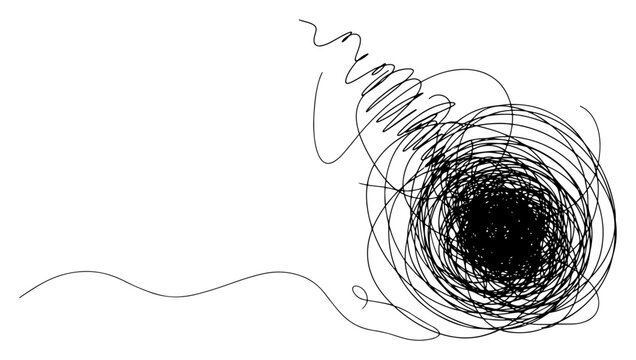 Tangled mess of scribbled lines forming chaotic ball in minimalist doodle style