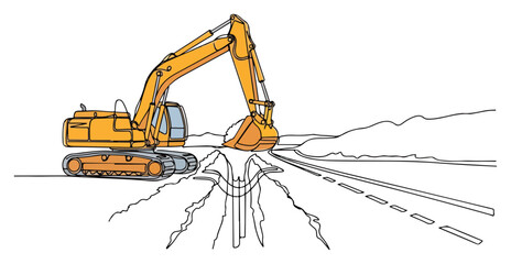 Yellow excavator digging road trench at construction site in continuous one line art style © Tomas