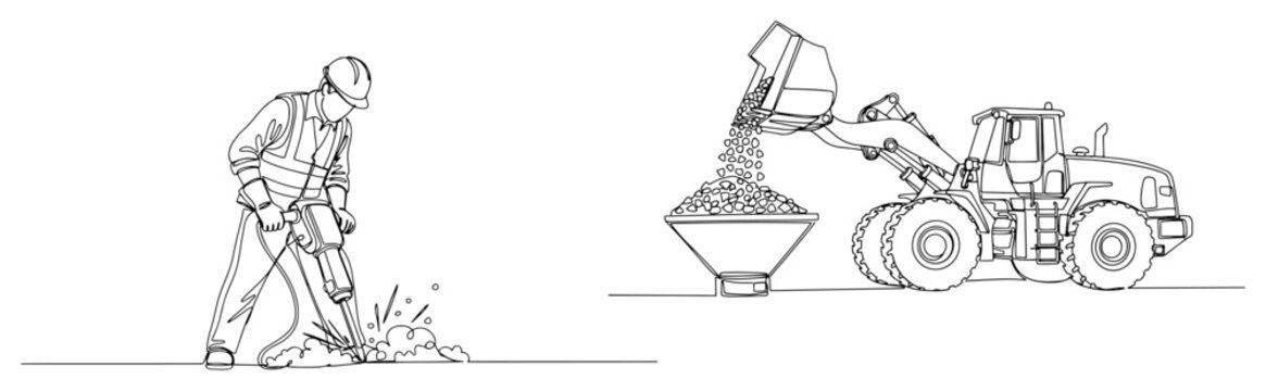 Construction worker using a jackhammer and front loader heavy machinery in continuous line art style