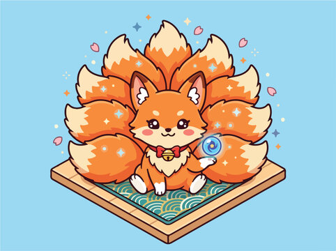 Cute Kawaii Nine-tailed Kitsune Fox With Magic Orb Illustration