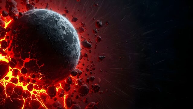 Distant Planet Engulfed by Molten Lava and Asteroids in Cosmic Cataclysm.