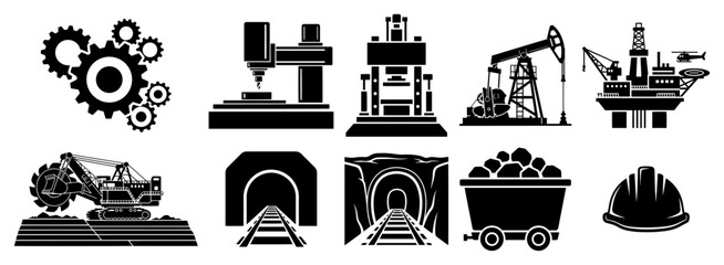Obraz premium Industrial mining and energy production icons set in solid black silhouette style