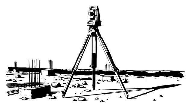 Land surveying total station theodolite on tripod at construction site in high contrast style
