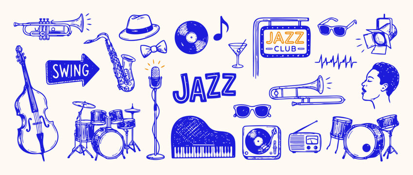 Jazz and Swing Music Doodle Collection: A vibrant collection of hand-drawn illustrations depicting various elements of jazz and swing music, including instruments, musical notes, and club signage.