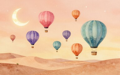 Obraz premium Colorful hot air balloons drift across a warm crescent moonlit desert