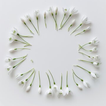 Snowdrop Flowers Arranged in Circle, Spring, White Background, Floral, Greeting Card