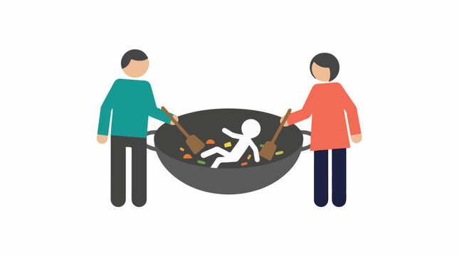 People stirring a large wok with a figure inside