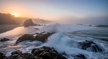 Fototapeta premium Dramatic Ocean Waves Crashing on Rocky Shoreline at Sunrise.