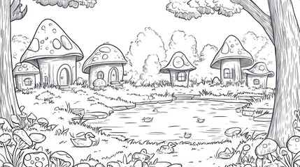 Obraz premium Fairy Tale Mushroom Homes by a Pond