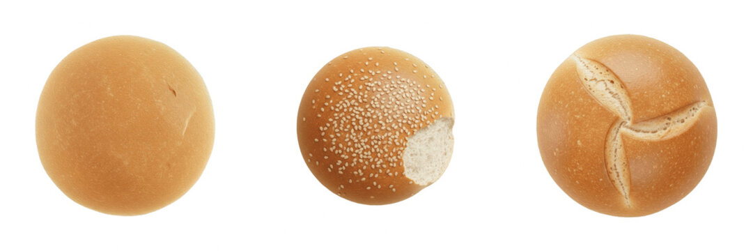 Three different fresh bread rolls and burger buns viewed from above isolated on a white background