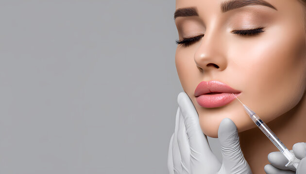Primer plano de una mujer joven recibiendo inyecciones cosm&eacute;ticas faciales y relleno de labios por un profesional de la salud, ideal para conceptos de medicina est&eacute;tica, dermatolog&iacute;a y tratamientos de