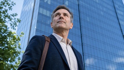 Fototapeta premium Confident Mature Businessman Looking Up at Modern Corporate Skyscraper