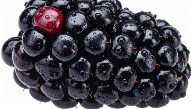 Fresh blackberry fruit closeup with water droplets, vibrant dark juicy drupelets and singular red berry, healthy food ingredient for culinary projects