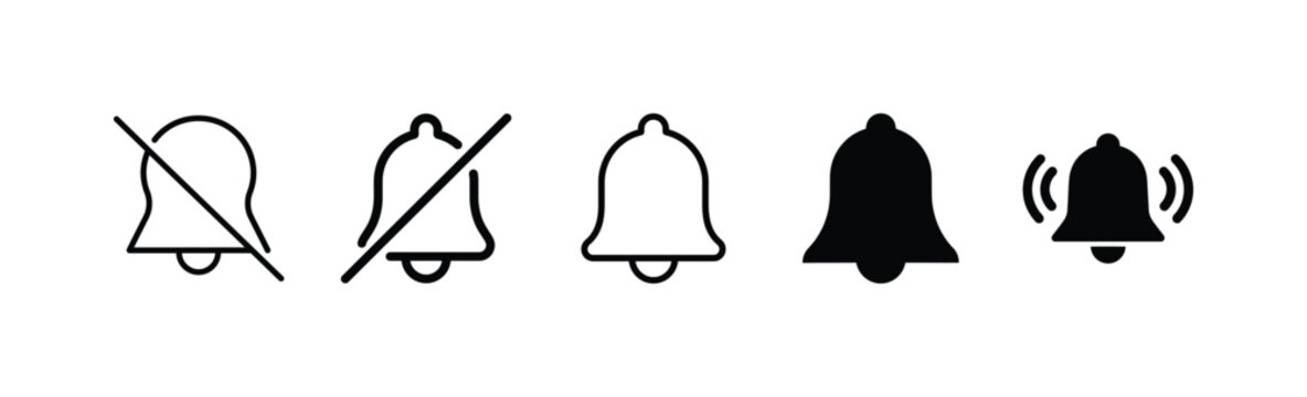 A collection of bell icons representing notification settings, including silent and active modes.