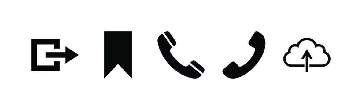 A collection of interface icons including an exit symbol, a bookmark, two phone receivers, and a cloud upload symbol.
