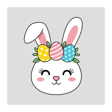 A minimalist easter bunny face with delicate closed eyes, pink nose, and one folded ear, topped with a colorful egg crown on a clean transparent background, conveying a cheerful holiday graphic