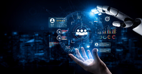 Obraz premium An AI assistant manages a CRM dashboard for customer data analysis. This smart system conducts market research to identify the target audience and analyze user feedback. Fermion