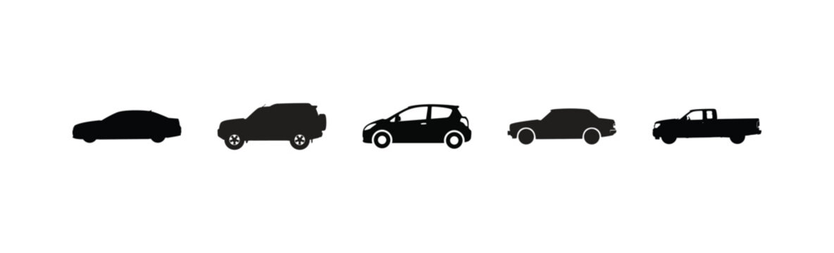 A line of five different vehicles is depicted as black silhouettes against a white background.