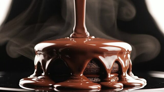 Rich chocolate sauce pours over a decadent dessert creating steam