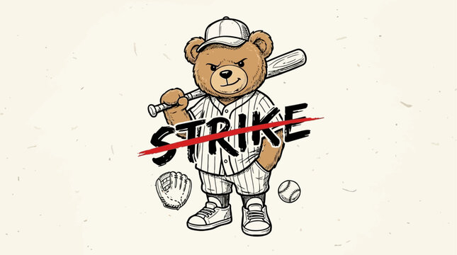 Hand-drawn vector illustration of a stylish grizzly bear plush toy wearing a classic baseball team jersey uniform with a strikeout typographic slogan for sports apparel design.
