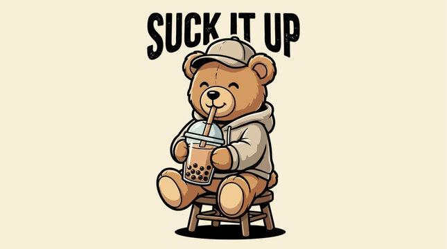 Adorable brown teddy bear character enjoying a refreshing bubble milk tea with tapioca pearls, featuring a motivational suck it up pun slogan text in a vibrant vector cartoon style.