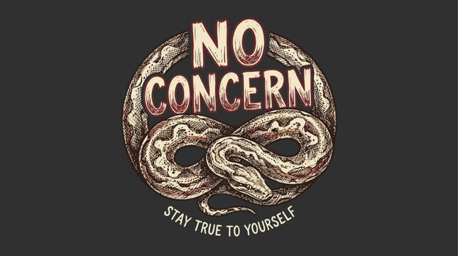 Artistic hand-drawn illustration featuring a python serpent coiled around a no concern slogan text, unique graphic line art with meticulous ink detailing and vintage aesthetic style.