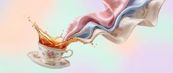 Fototapeta premium Dynamic image of tea splashing from a floral teacup, seamlessly transforming into elegant, flowing pastel silk fabrics against a soft gradient background.