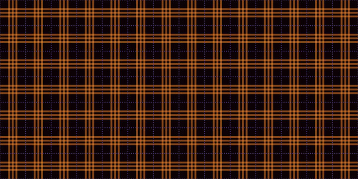 Seamless tartan grid pattern with orange plaid lines and dotted purple accents on dark burgundy background, designed for textile prints, wallpaper, wrapping paper and stylish decor