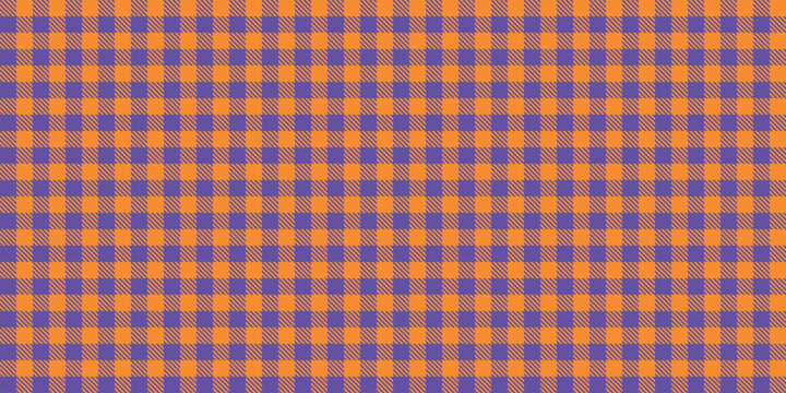 Seamless plaid pattern with orange and purple checker squares, combining diagonal stripe textures in playful retro style for textile prints, wallpaper, wrapping paper and modern decor