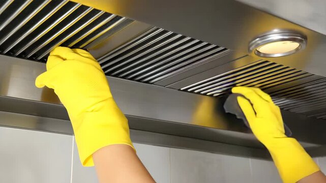 Hand in yellow rubber glove cleaning greasy stainless steel kitchen exhaust hood with sponge, dirty restaurant ventilation filter, deep cleaning, grease removal and hygiene