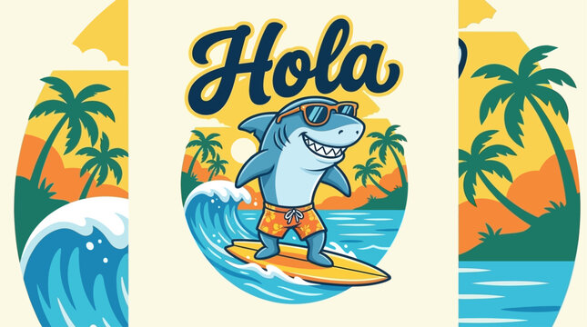 Vibrant cartoon shark surfing ocean wave on surfboard with Hola slogan, tropical summer vacation vector illustration