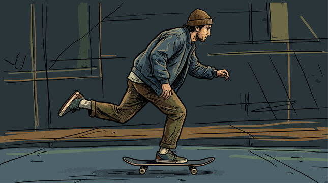 Vibrant Graphic Art Illustration of a Dynamic Man Riding a Skateboard, Handdrawn Vector Sketching Style Featuring Athletic Urban Street Culture and Active Lifestyle Motion, Professional Artwork