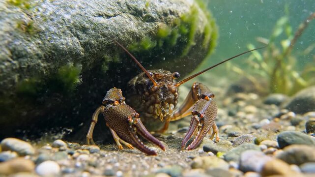 Three crayfish standing on the riverbed, surrounded by rocks and pebbles, with one hiding behind a large stone covered in moss.