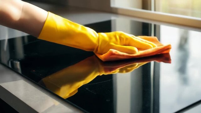 Hands in yellow rubber gloves wiping black glass cooktop with orange microfiber cloth, modern kitchen cleaning, household chores, home hygiene and domestic care concept kitchen clean