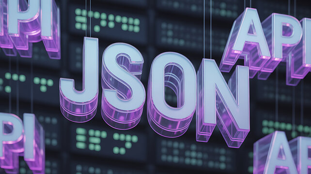 3D JSON and API text in a futuristic data center server room