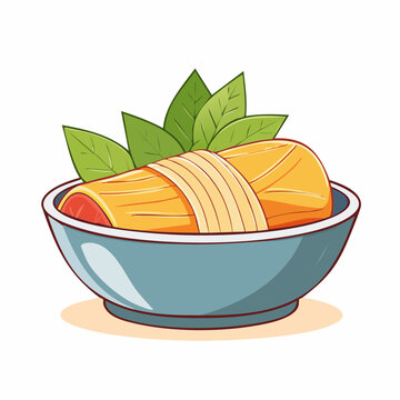 Stylized Illustration of Tamale in Bowl with Leaves