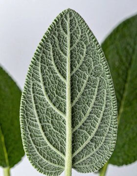 Macro closeup of sage leaf with fuzzy texture and prominent veins, culinary herb for wellness, aromatherapy and organic herbal medicine