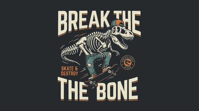 Edgy vector illustration of a prehistoric dinosaur skeleton riding a skateboard with a break the bone slogan, featuring cool street style graphics and retro skate culture vibes.