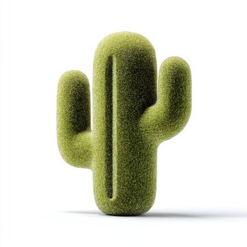 Soft, fuzzy cactus sculpture stands on a white surface, casting a faint shadow